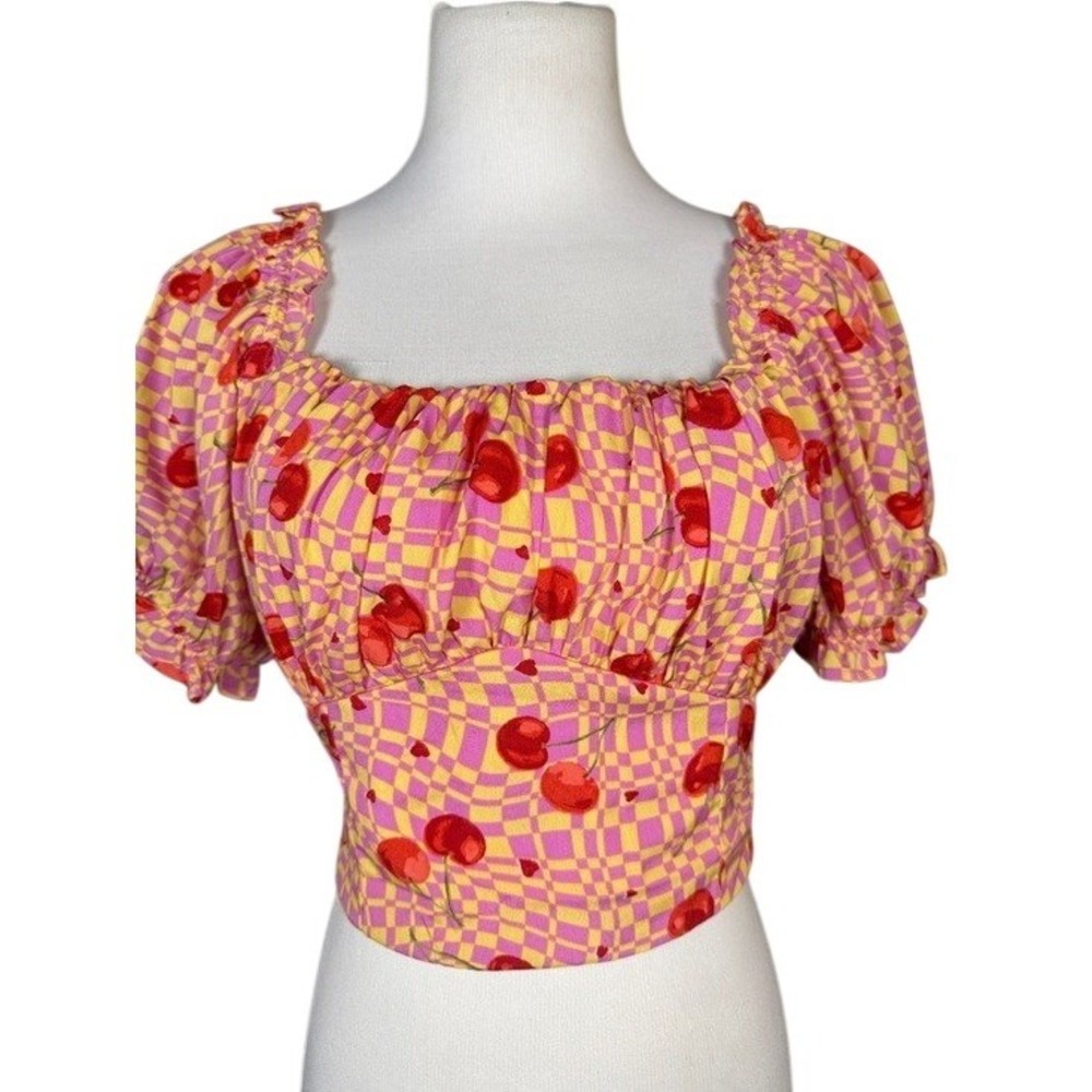 Girl Soul Pink Yellow Checkered Cherry Print Crop Top Puff Sleeve Tie Back L